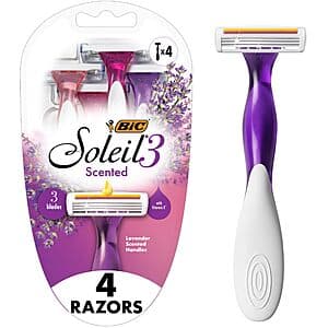BIC Soleil 3 Scented Women's Disposable Razors in Lavender, 4-pack with purple/lavender packaging.