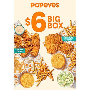 Popeyes Big Box meal featuring bone-in chicken pieces or tenders with two sides and a buttermilk biscuit on a tray.