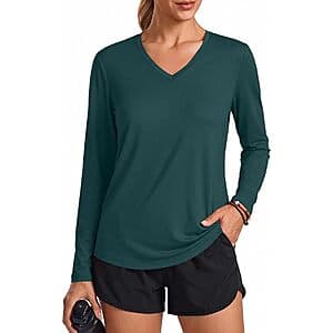 PINSPARK Women's UPF 50+ V-Neck LS Workout Shirt (various colors) $5
