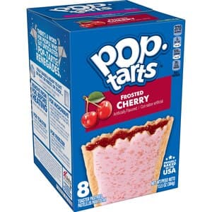 Box of Pop-Tarts Frosted Cinnamon Roll toaster pastries, 13.5 oz package showing cinnamon roll flavored pastries.