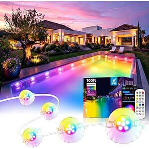 AHAWILL RGB shell-style LED pool string lights with 50-foot length, featuring colorful light-emitting shells and weather-resistant design for outdoor use.