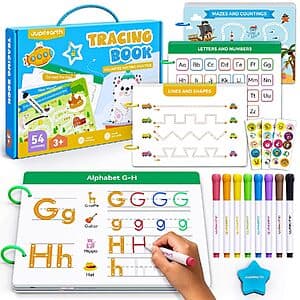 JUPITEARTH 54-pg Reusable Dry-Erase Kids Tracing Book w/ Markers & Stickers $11.20