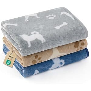 Bedsure Pet Blankets: 3-ct Flannel Fleece Pet Blankets (23" x 16", Happy Pups) $6 & More