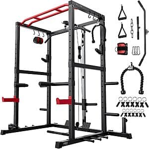 SPORTSROYALS black squat rack power cage with integrated LAT pulldown machine, J-hooks, and pulley system for home gym use.