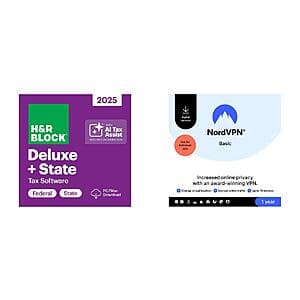 H&R Block Tax Software Deluxe + State 2025 (Digital) + NordVPN Basic (10 Devices/1-Yr) $20