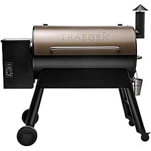 Traeger Pro 34 bronze wood pellet grill and smoker with digital controls and hopper.