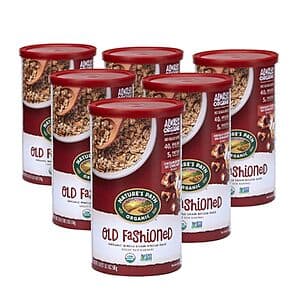 Six 18-ounce boxes of Nature's Path Organic Old Fashioned Rolled Oats with green and tan packaging.