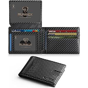 RUNBOX Men's Slim RFID Wallet w/ 2 ID Window (Carbon Black) $5
