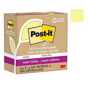 5-Pack 70-Sheet 3"x3" Post-it Recycled Super Sticky Notes (Yellow) $1.90