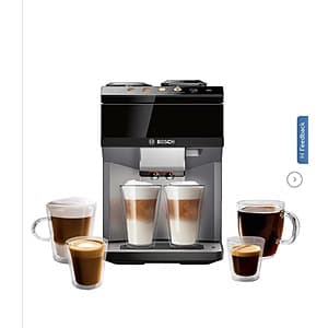 Bosch 10-drink coffee maker with colorful display panel and dual cup brewing capability.