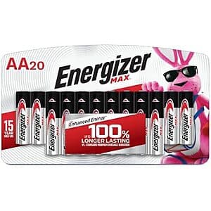 Box of Energizer Max AA alkaline batteries containing 20 individual batteries, silver and black packaging.