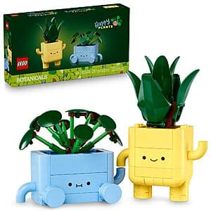 LEGO Botanicals Happy Plants set featuring colorful baby dracaena and pilea plant models with two smiling pots, 217 pieces for ages 9+.