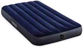 Blue and gray Intex Dura-Beam Standard Downy 10-inch twin air mattress without pump, shown in packaging.