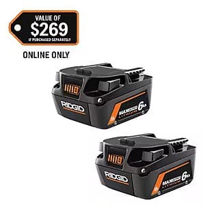 2-Pk RIDGID 18V 6.0 Ah MAX Output Lithium-Ion Batteries $111 + Free S&H