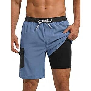 SILKWORLD men's 9-inch swim trunks with compression liner in various colors, featuring zipper pockets for secure storage.