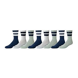 Eight pairs of Amazon Essentials men's crew socks with cushioning and retro striped pattern in size 13-15.