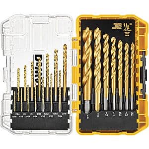 21-piece titanium nitride coated drill bit set with pilot point tips in a tough plastic carrying case, including sizes from 1/16-inch to 1/2-inch.