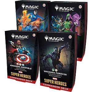 Four Magic: The Gathering Commander deck boxes featuring Marvel Super Heroes themes arranged together.
