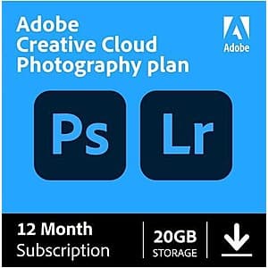 12-Mo. Adobe Creative Cloud Photo Plan w/ 20GB Cloud Storage (Digital Download) $95