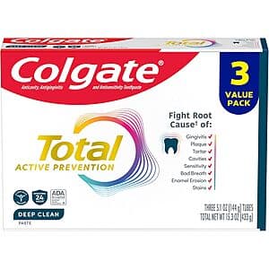 Three 5.1-ounce tubes of Colgate Total Active Prevention Deep Clean Toothpaste with blue and white packaging.