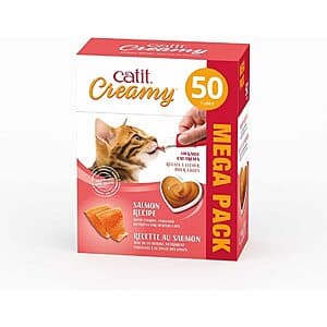 50-pack of Catit Creamy Lickable Cat Treat tubes in salmon flavor, each 0.5-oz, displayed in packaging.