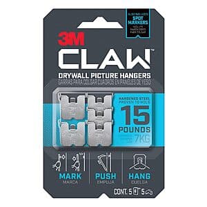 5-Pk 3M Claw Drywall Picture Hanger w/ Temporary Spot Marker (Up to 15 Lbs) $5.30