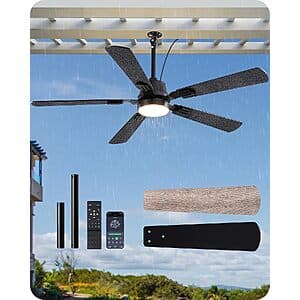 EDISHINE 52-inch outdoor ceiling fan with integrated light fixture, shown in black finish with remote control.