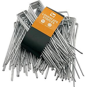 100-pack of galvanized steel U-type garden staples, each 6 inches long with sharp beveled ends and rust-resistant coating.