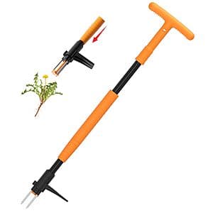 BREWIN-US stand-up weed puller with 3 claws, T-handle, and foot pedal for effortless lawn weeding without bending.