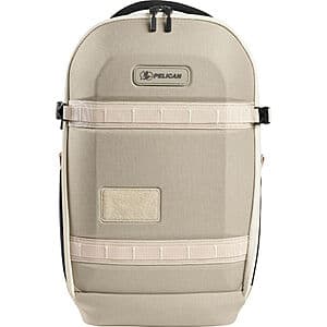 Pelican AEGIS Series 18-L travel backpack in sand-colored durable material with practical compartments and handles.