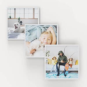 Three 8x8 inch framed photo prints with white borders displayed together showing customized personal photos.
