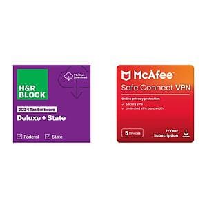 H&R Block 2024 Tax Software: Deluxe + State (PC/Mac Digital Download) $24 + 1-Yr McAfee Secure VPN 2025