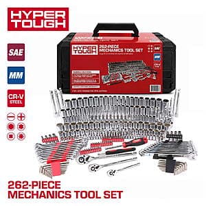 Hyper Tough 262-piece mechanics tool set in carrying case with ratchets, sockets, wrenches, hex keys, and accessories in SAE and metric sizes.