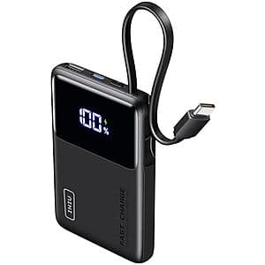 INIU 45W 10000mAh Slimmest USB C In / Out Power Bank w/ Built-in USB-C Cable $13.75