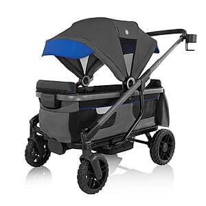 Evenflo Shyft all-terrain stroller wagon with no-flat urethane wheels in Electric Blue or Sterling Black, seating for two children.