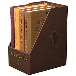 Deluxe pocket boxed set containing The Hobbit and The Lord of the Rings trilogy with ornate book covers and protective presentation box.