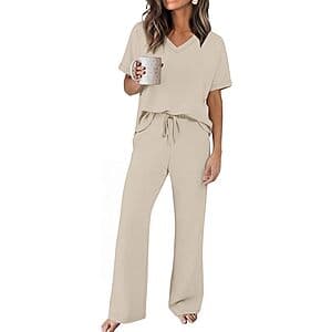 2-Pc Sampeel Women's Lounge Set w/ V-Neck Top & Wide-Leg Pants (Various Colors) $12