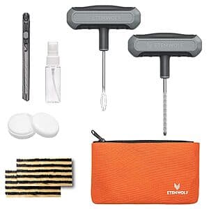ETENWOLF 16-piece flat tire plug repair kit with rubber strips, insertion tool, and carrying case.