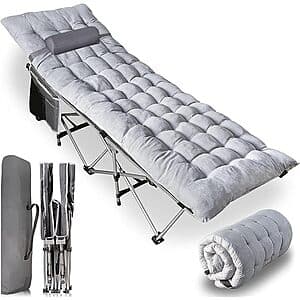 Lightweight folding camping cot with steel frame and padded mattress pad, designed for outdoor travel and camping use.