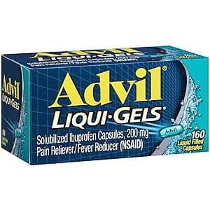 Red and white box of Advil Liqui-Gels 200mg ibuprofen capsules with 160-count displayed on packaging.