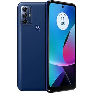 Blue Motorola Moto G Play 2023 smartphone with 6.5-inch display, showing front and rear 16MP triple camera system.