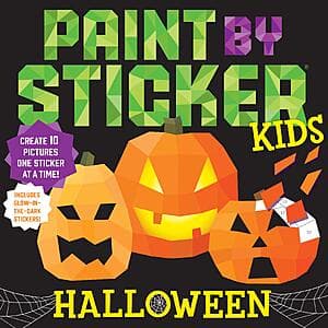 Paint By Sticker Kids' Activity Book with colorful sticker illustrations on cover, showing Halloween or Dinosaurs theme artwork for children's creative play.