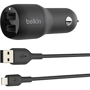 Belkin BoostCharge 24W Dual USB-A Car Charger w/ 3' Lightning/USB-A Cable $6 + Free S&H