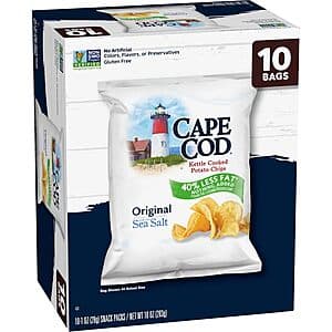 Box of Cape Cod Kettle Potato Chips containing 10 individual 1-ounce bags with the brand's classic blue and white packaging.