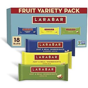 18-pack box of assorted LÄRABAR Fruit & Nut Bars in individual 1.6-oz wrapped portions with colorful variety pack packaging.