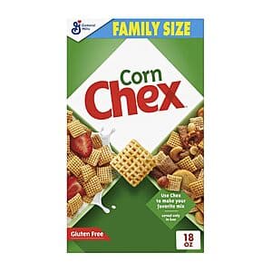 18-ounce yellow box of Corn Chex cereal with whole grain cereal pieces visible.