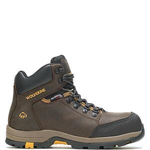 Wolverine Men's Work Hiker Mid Waterproof Boot in dark coffee colour with soft toe design.