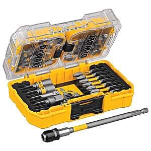 DeWALT Maxfit 60-piece screwdriver steel bit set with organized storage case, multi-color bits for various screw types.