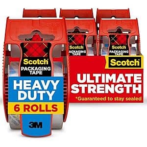 Six rolls of Scotch Heavy Duty Shipping Packing Tape, each 1.88 inches wide by 22.2 yards long, with tan-colored tape wound on brown cardboard cores.
