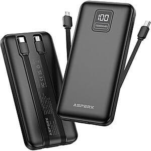 2-Pk AsperX 10000mAh Power Bank w/ Integrated USB-C Cables $18 + Free S&H